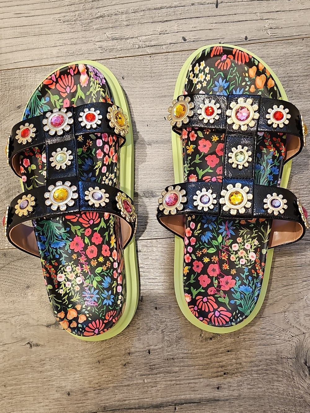 Betsey Johnson Black Floral Jeweled Slide Sandals with Lime Green Sole